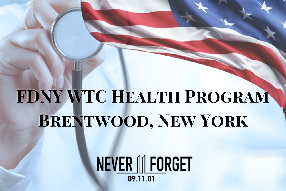 FDNY 911 WTC Health Program Brentwood Long Island New York portrayed by an American Flag and a doctor holding a stethoscope.