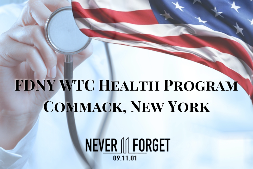 FDNY 911 WTC Health Program Commack New York portrayed by American Flag overlay of an image of a doctor holding a stethoscope.