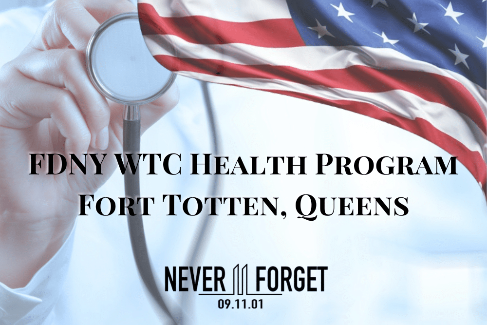 FDNY 911 WTC Health Program Fort Totten, Queens, New York portrayed by American Flag overlay of an image of a doctor holding a stethoscope.