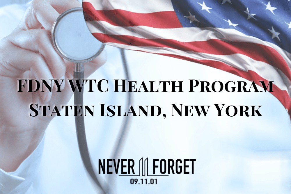 FDNY 911 WTC Health Program Staten Island, New York portrayed by American Flag overlay of an image of a doctor holding a stethoscope.