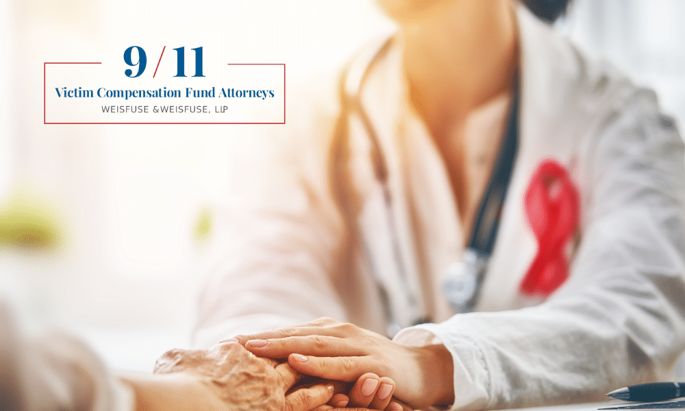 9-11 Cancer Diagnosis portrayed by cancer doctor holding a persons hand.