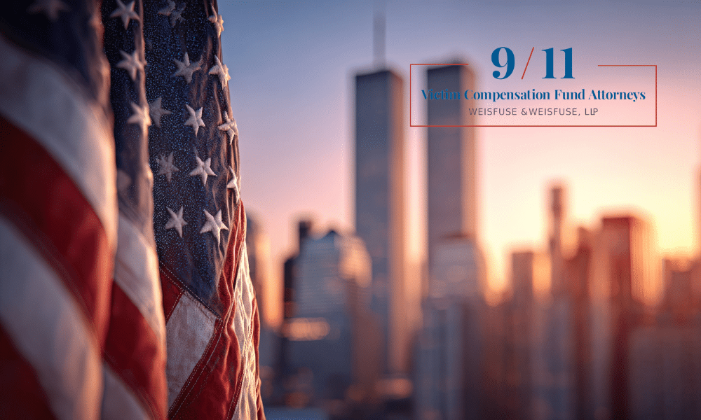 9-11 Victim Compensation Fund for EMTs portrayed by NYC and American flag.